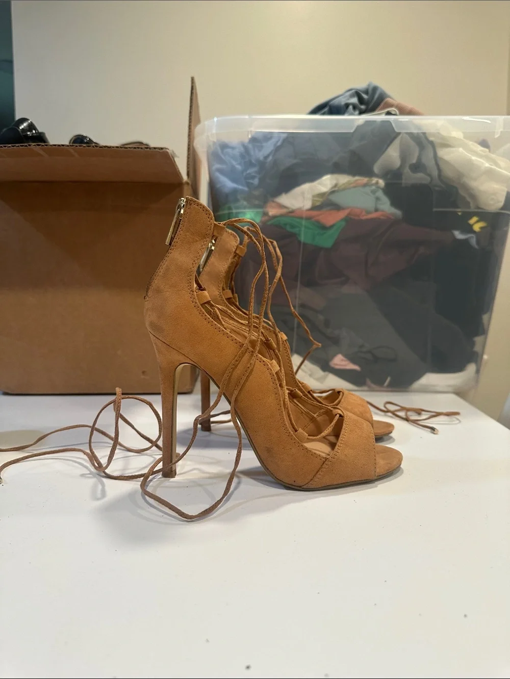 Call It Spring Tan Lace-Up Open Toe Heels